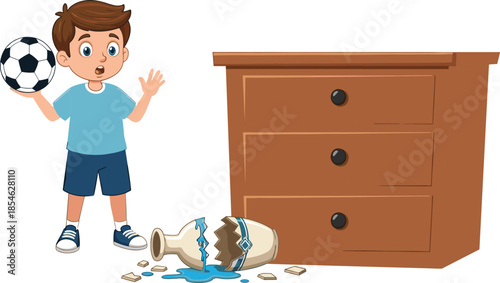 Surprised young boy holding soccer ball next to broken vase at home, childhood accident, mischief, responsibility, and safety concept illustration