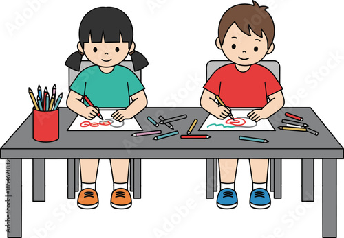 Two children drawing at classroom desk with crayons, creative learning activity, preschool education concept, kids art illustration