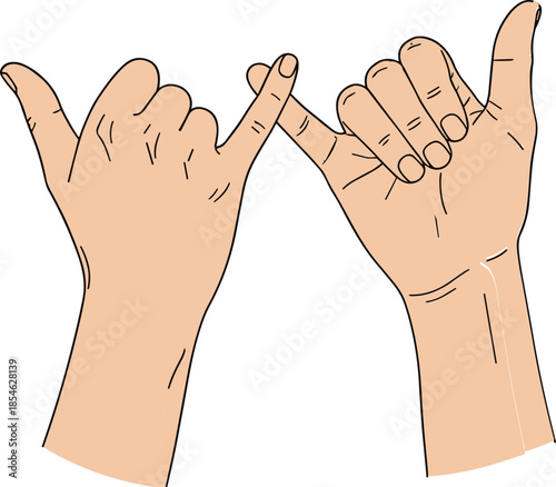 Two hands making pinky promise gesture illustration symbolizing friendship, trust, commitment, childhood promise concept on white background