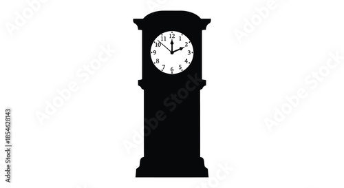 A classic grandfather clock with visible clock face and hands shown as a dark silhouette