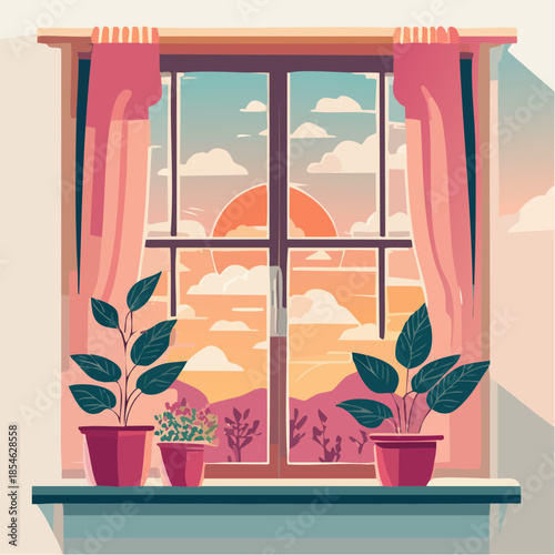 Window view with plants and curtains, showing a sunset landscape.