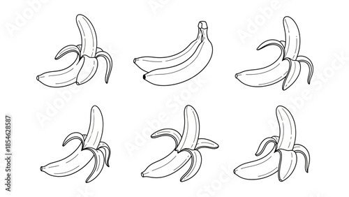 Set of six simple black and white banana line art illustrations