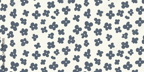 A serene floral pattern featuring small dark blue flowers on a white background viewed from directly above