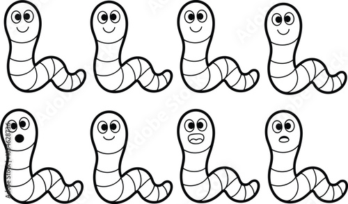 Six cartoon caterpillars with different facial expressions