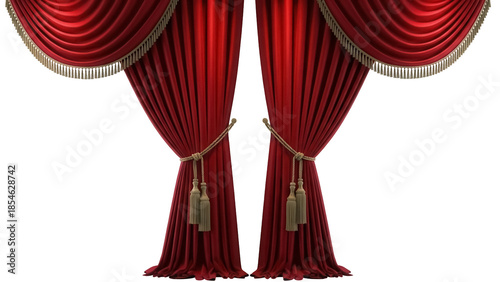 Foto Elegant red velvet curtains with tassels isolated PNG, theatrical drapes for sta