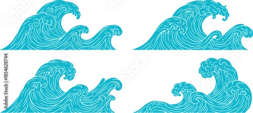 Four blue waves crashing against the shore in a serene ocean scene from a top viewpoint