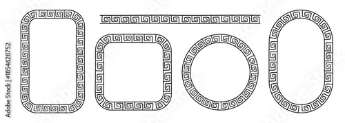 Greek doodle frames set. Hand drawn roman circle, oval and rectangle frame. Greek or Roman ancient motif border design. Ancient ornament elements. Vector illustration isolated on white background.