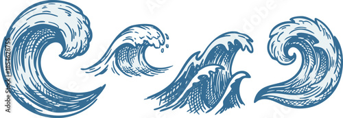 Illustration of ocean waves in various forms and movements