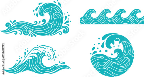 Stylized wave illustrations showcasing dynamic ocean movement from various viewpoints
