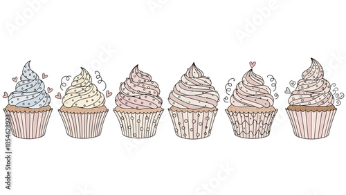 Pastel hand drawn cupcakes lined up with whimsical frosting and sprinkles
