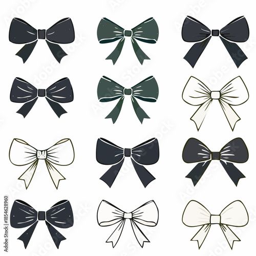 Illustration of twelve bows in various shades of gray and white, arranged in a grid pattern.