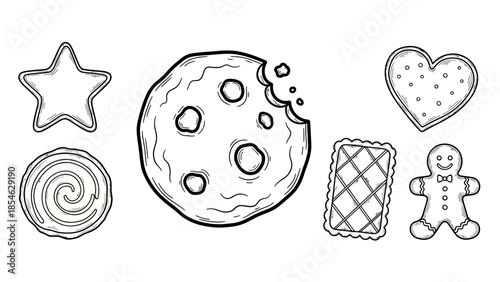 Hand drawn assortment of cookies and biscuits in black and white sketch style