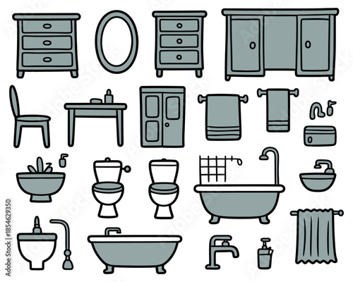 A collection of various bathroom furniture and fixtures are depicted in a clean illustration.