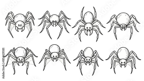 Collection of eight playful black and white spider sketches and cartoon designs