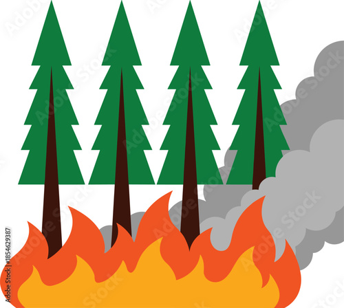 Forest Fire With Flames Smoke And Pine Trees On White Background wildfire burning