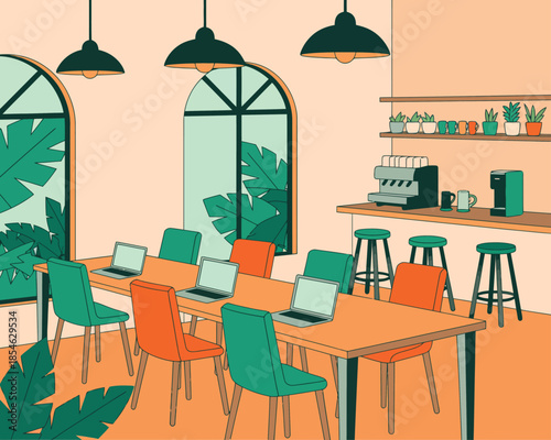 An inviting modern office meeting room with laptops on the table and a coffee bar.