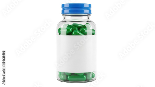Green capsules in clear bottle with blue cap isolated PNG, dietary supplement for health and wellness on transparent background