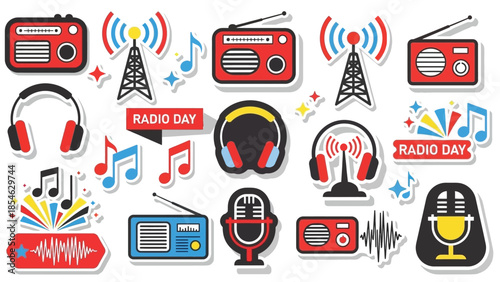 Vibrant Collection of Retro Radio Broadcasting and Musical Elements