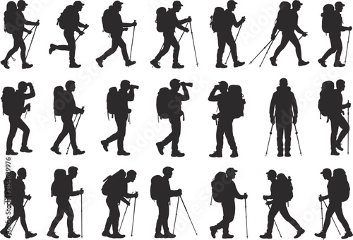 Hiking people silhouette set showing backpackers trekkers walking using trekking poles adventure travel isolated white background vector illustration
