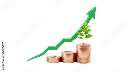 Green arrow and plant growing from coins isolated PNG, symbol of investment growth and financial success on transparent background