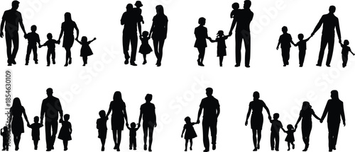Family silhouette, parents and children, walking together, unity, love, support, diverse groups, flat vector, gesture reference, emotional bond