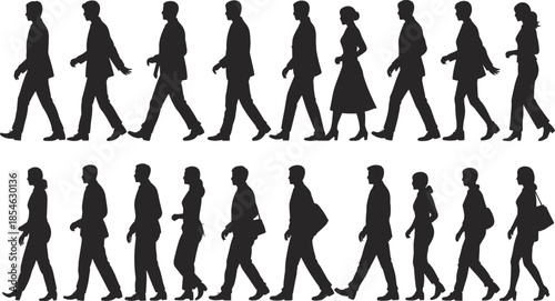 Walking crowd silhouette, diverse clothing, human figures, side profile, gesture reference, fashion study, flat vector, posture design, black outline illustration