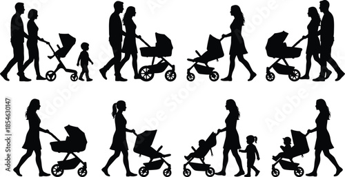 Stroller family silhouettes, adult and child icons, black caregiver figures, walking poses, parenting clipart, isolated design, vector set