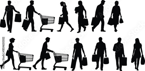 Shopping silhouettes, consumer behavior, retail activity, black vector, cart push, bag carry, isolated graphic, lifestyle icon, market gesture, purchase moment