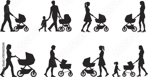 Stroller silhouette, parenting gesture, adult and child, walking posture, caregiving concept, flat vector, black outline, family activity illustration
