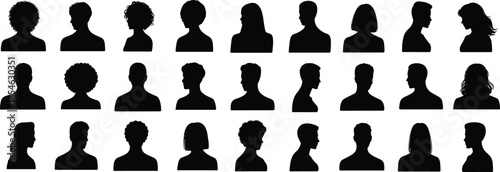 Human head silhouette, hairstyle diversity, profile view, black outline, flat vector, identity concept, face shape, hair reference illustration