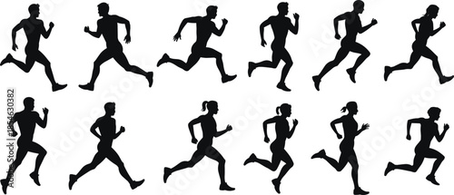 Running people silhouettes collection isolated men and women sprinting jogging black vector illustration set for sport fitness design