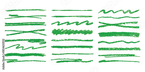 Collection of green hand-drawn lines and brush strokes in crayon style