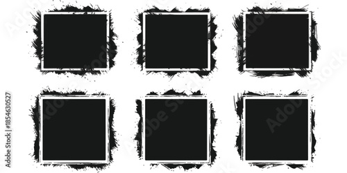 Set of six black grunge square frames with rough brush stroke borders on a white background