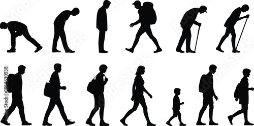 Walking people silhouettes collection isolated men women and child carrying bags hiking poles black vector illustration set