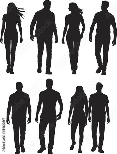 Walking, silhouette, people, pose, movement, gesture, icon, vector, black, isolated, forward, character, design, group, casual, stride, style, collection, diversity, posture
