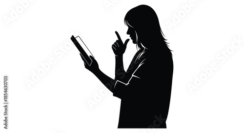 A woman thoughtfully examining a tablet gesturing while holding the device in her hands silhouette