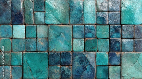 Seamless glossy turquoise aquamarine porcelain stoneware tile wall forming vintage retro yet modern abstract texture, high-sheen glazed ceramic slips arranged in flawless repeat pattern,