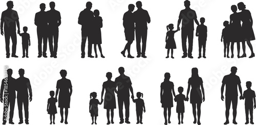 Family silhouette set showing parents children couples standing together love care relationship isolated white background vector illustration