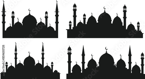 Mosque silhouette icons, Islamic architecture shapes, black religious buildings, crescent dome design, minaret vector set, cultural symbols, isolated mosque clipart