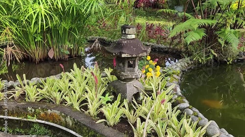 Beautiful garden lantern by the pond surrounded by green plants. Tranquil garden view with a stone lantern and lush vegetation. Aesthetic outdoor garden featuring a stone lantern by the water. 