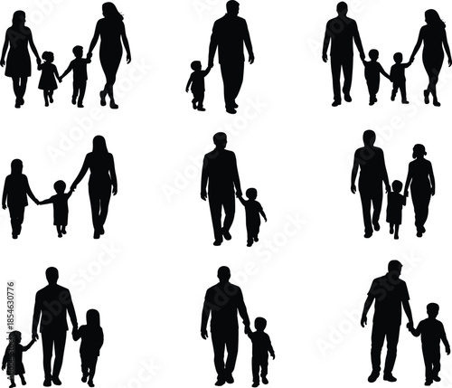 Family silhouettes collection isolated parents and children walking together black vector illustration set for love parenting lifestyle design