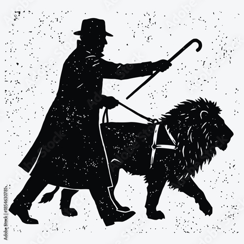 Vintage Silhouette of Gentleman Walking a Leashed Lion
