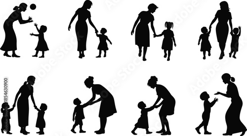 Adult and child silhouettes, playing together, walking hand in hand, family bonding, parenting concept, black vector, communication, care, love
