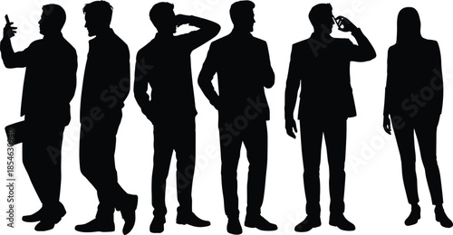 Business silhouette, professional posture, mobile usage, gesture reference, standing figures, flat vector, black outline, human model, office attire illustration