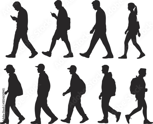 Walking people silhouettes collection isolated men and women with backpacks phones casual urban movement black vector illustration set