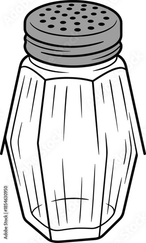 Outline Drawing of a Hexagonal Glass Salt Shaker with Metal Perforated Lid Keywords: salt shaker, pepper shaker, condiment