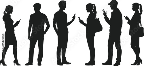 Mobile user silhouettes, smartphone engagement, digital behavior, black vector, tech icon, screen gesture, isolated graphic, modern lifestyle, device focus, social moment