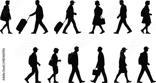 Walking, silhouette, people, travel, luggage, bag, icon, vector, black, isolated, movement, journey, suitcase, backpack, briefcase, handbag, airport, traveler, pose