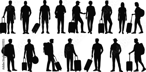 Travel people silhouette set showing men women tourists carrying luggage suitcases backpacks isolated white background journey vector illustration