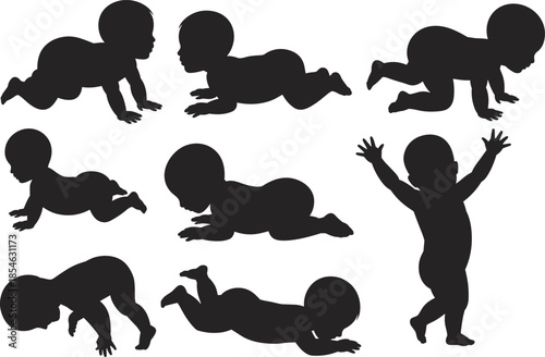 Baby crawling silhouettes collection isolated infants toddlers development stages black vector illustration set for childhood parenting growth design
